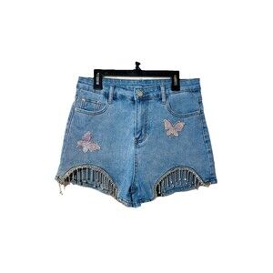 Butterfly Print Sparkly Fringe High-Waisted Denim Bermuda Shorts - Size M Y2k